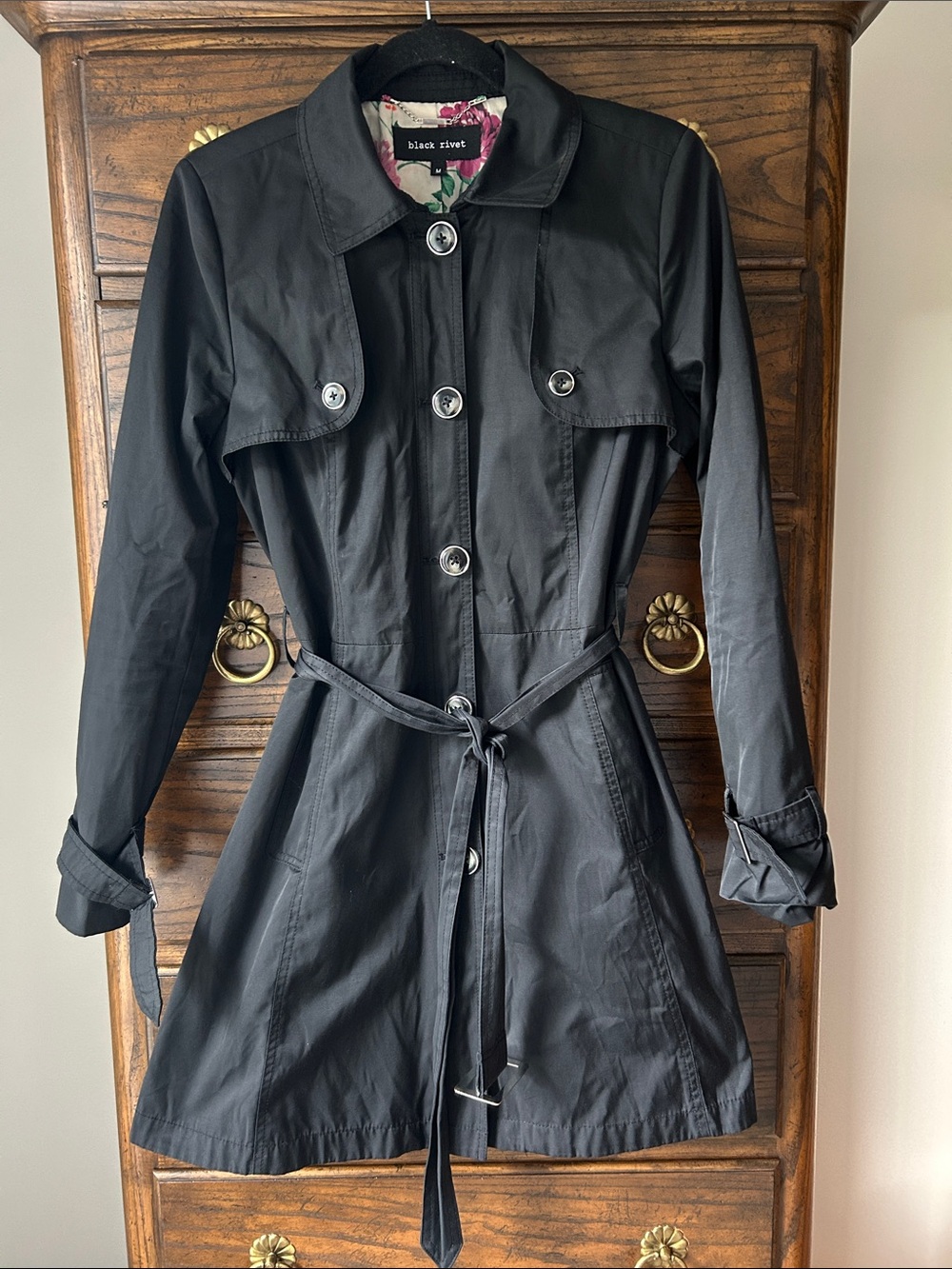 Black Rivet Black Trench Coat with Waist Tie, Size M